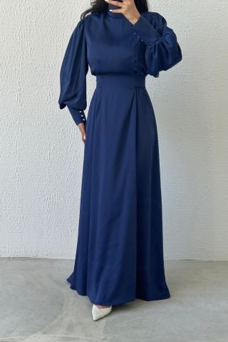 Işıltılı Bel: Balon Kollu Saten Tesettür Abiye Lacivert