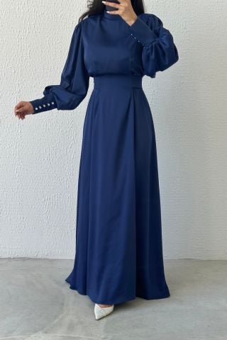 Işıltılı Bel: Balon Kollu Saten Tesettür Abiye Lacivert