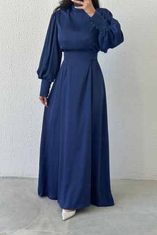 Işıltılı Bel: Balon Kollu Saten Tesettür Abiye Lacivert
