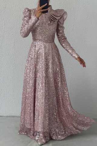 Shiny Sequined Shoulder Detailed Hijab Evening Dress Powder