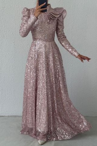 Shiny Sequined Shoulder Detailed Hijab Evening Dress Powder