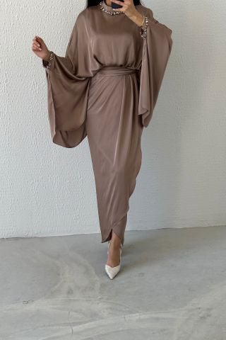 Eşsiz Tasarım Yarasa Model Saten Tesetür Abiye Vizon