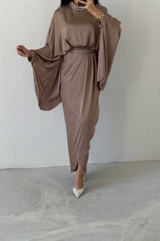 Eşsiz Tasarım Yarasa Model Saten Tesetür Abiye Vizon