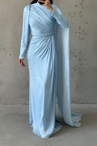 Omuzdan Pelerin Detaylı Janjan Tesettür Abiye Açık Mavi