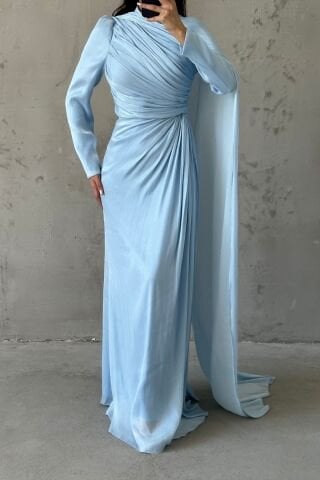 Janjan Hijab Evening Dress Light Blue with Cape Detail on the Shoulder