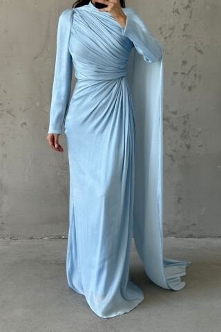 Omuzdan Pelerin Detaylı Janjan Tesettür Abiye Açık Mavi