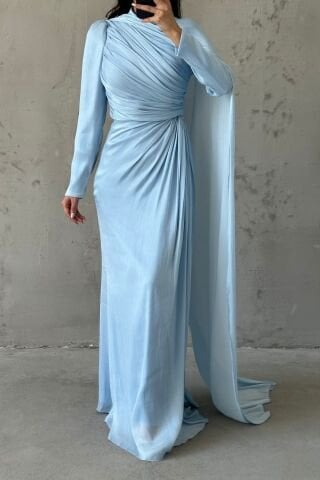 Omuzdan Pelerin Detaylı Janjan Tesettür Abiye Açık Mavi