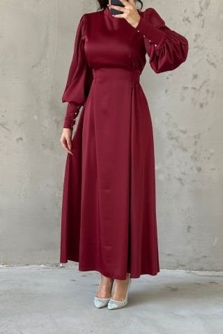 Balloon Sleeve Pearl Detailed Satin Hijab Evening Dress Burgundy