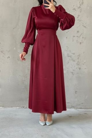 Balloon Sleeve Pearl Detailed Satin Hijab Evening Dress Burgundy