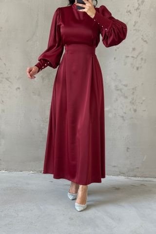 Balloon Sleeve Pearl Detailed Satin Hijab Evening Dress Burgundy
