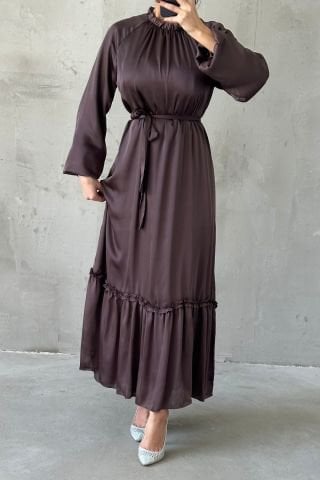 Thin Belt and Ruffle Skirt Satin Hijab Evening Dress Brown