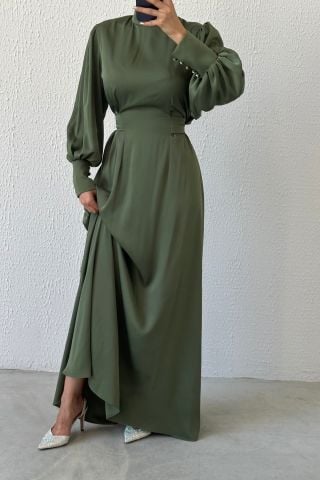 Sparkling Waist: Balloon Sleeve Satin Hijab Evening Dress Khaki