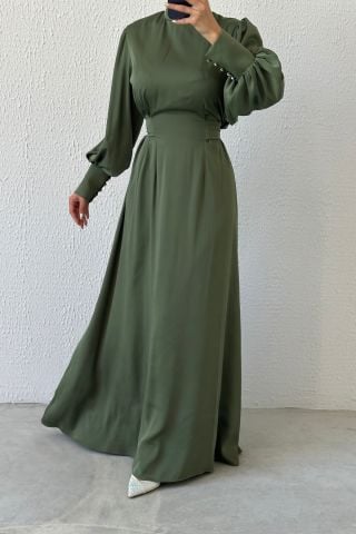 Sparkling Waist: Balloon Sleeve Satin Hijab Evening Dress Khaki
