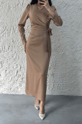 Pencil Satin Hijab Evening Dress Stone with Feather Sleeves