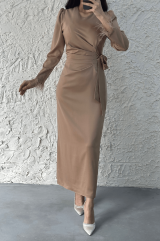 Kolu Tüylü Kalem Saten Tesettür Abiye Taş