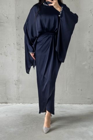 Eşsiz Tasarım Yarasa Model Saten Tesetür Abiye Lacivert
