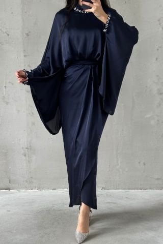 Unique Design Bat Model Satin Hijab Evening Dress Dark Navy Blue