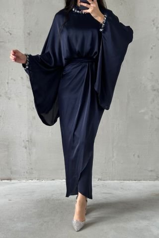 Eşsiz Tasarım Yarasa Model Saten Tesetür Abiye Lacivert