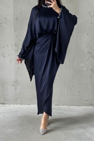 Eşsiz Tasarım Yarasa Model Saten Tesetür Abiye Lacivert