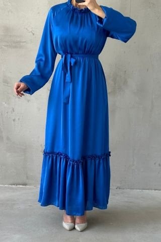 İnce Kemer Ve Fırfır Etek Saten Tesettür Abiye Saks Mavisi