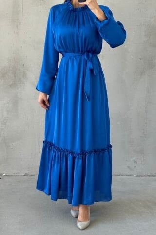 Thin Belt and Ruffle Skirt Satin Hijab Evening Dress Saxe Blue