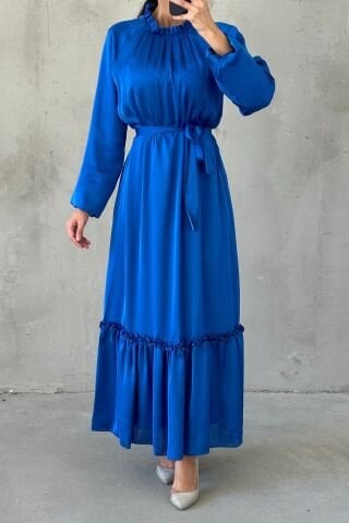 İnce Kemer Ve Fırfır Etek Saten Tesettür Abiye Saks Mavisi