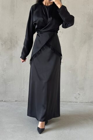 Elinor Saten Tesettür Abiye Siyah