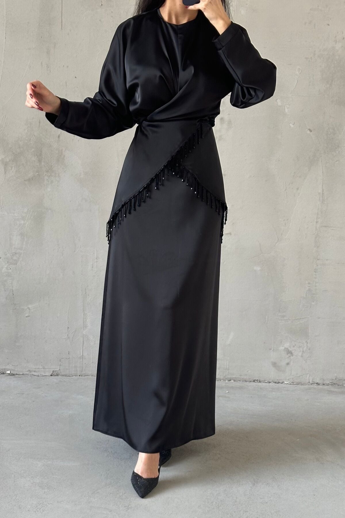 Elinor Saten Tesettür Abiye Siyah