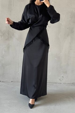 Elinor Saten Tesettür Abiye Siyah