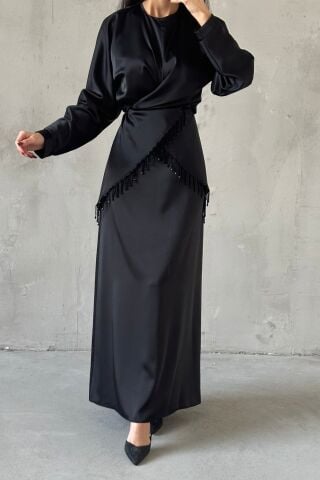 Elinor Saten Tesettür Abiye Siyah