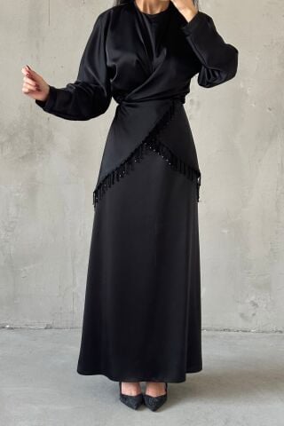 Elinor Saten Tesettür Abiye Siyah