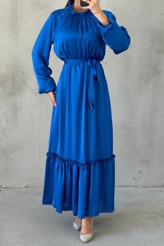 İnce Kemer Ve Fırfır Etek Saten Tesettür Abiye Saks Mavisi