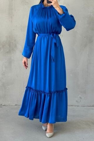 İnce Kemer Ve Fırfır Etek Saten Tesettür Abiye Saks Mavisi