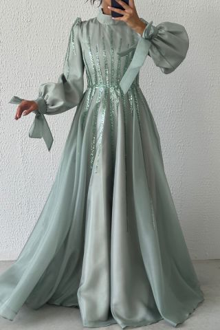 Rahat Bağlamalı Kol Detaylı Organze Tesettür Abiye Mint Yeşili
