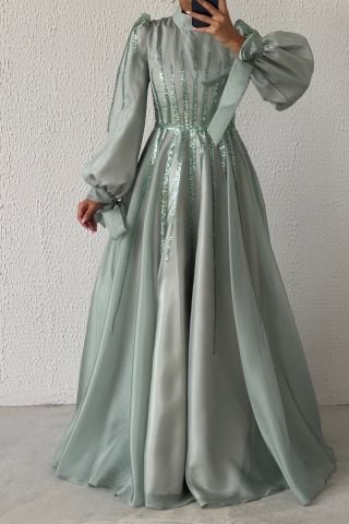 Rahat Bağlamalı Kol Detaylı Organze Tesettür Abiye Mint Yeşili