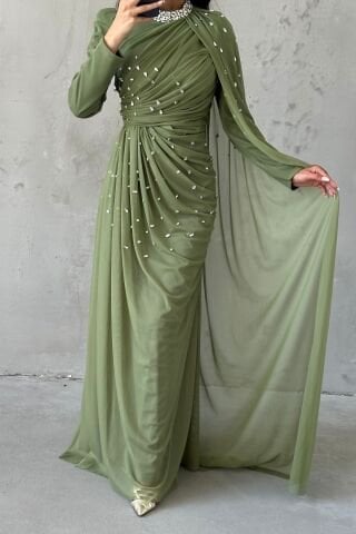 Taş Süslemeli Şık Tasarom Tül Tesettür Abiye Haki