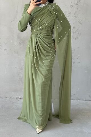 Taş Süslemeli Şık Tasarom Tül Tesettür Abiye Haki