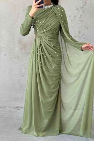 Taş Süslemeli Şık Tasarom Tül Tesettür Abiye Haki