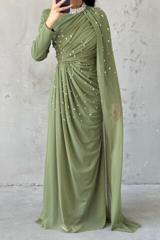 Taş Süslemeli Şık Tasarom Tül Tesettür Abiye Haki