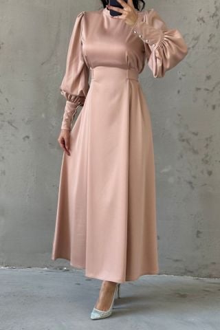 Balloon Sleeve Pearl Detailed Satin Hijab Evening Dress Powder