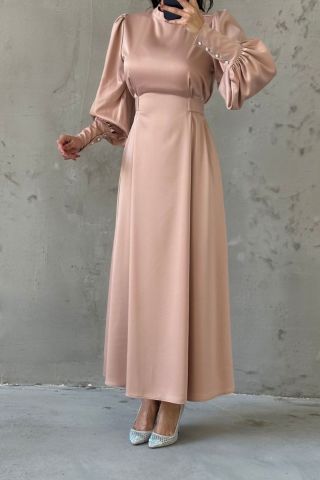 Balon Kol İnci Detaylı Saten Tesettür Abiye Pudra