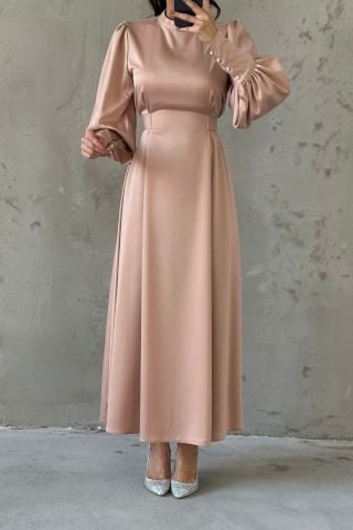 Balloon Sleeve Pearl Detailed Satin Hijab Evening Dress Powder
