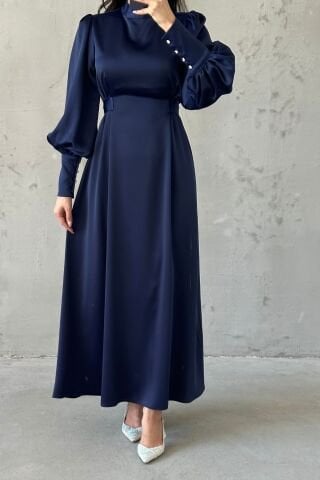 Balon Kol İnci Detaylı Saten Tesettür Abiye Lacivert