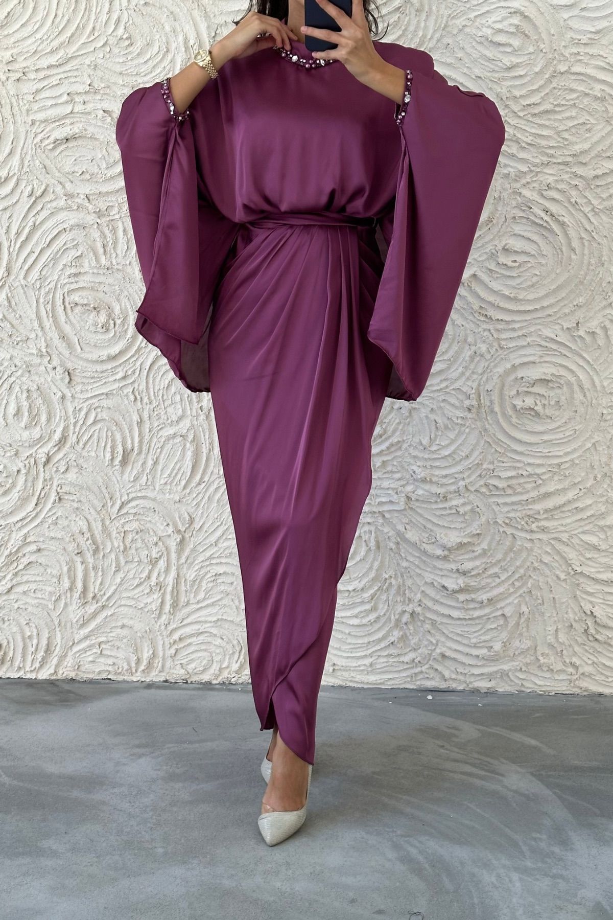 Eşsiz Tasarım Yarasa Model Saten Tesetür Abiye Gül Kurusu