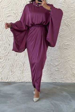 Eşsiz Tasarım Yarasa Model Saten Tesetür Abiye Gül Kurusu