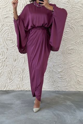 Eşsiz Tasarım Yarasa Model Saten Tesetür Abiye Gül Kurusu