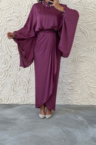 Eşsiz Tasarım Yarasa Model Saten Tesetür Abiye Gül Kurusu