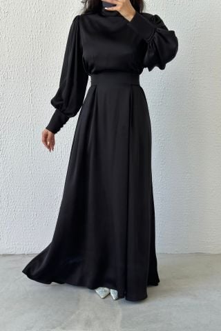 Işıltılı Bel: Balon Kollu Saten Tesettür Abiye Siyah