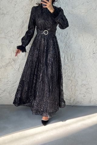 Simli Kolu Tüllü Tesettür Abiye Siyah