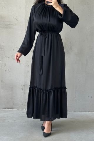 İnce Kemer Ve Fırfır Etek Saten Tesettür Abiye Siyah
